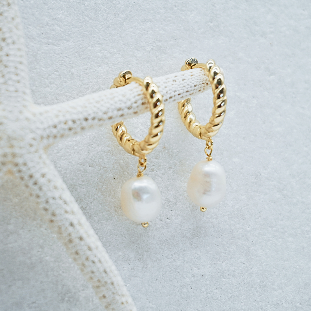 Luana Gold Pearl Pendant hoop earrings flat lay waterproof Kailumea