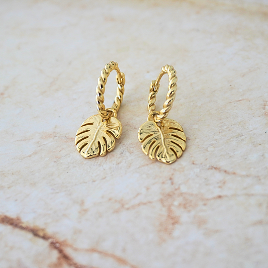 Mahina Monstera Leaf Gold Pendant Hoop Earring
