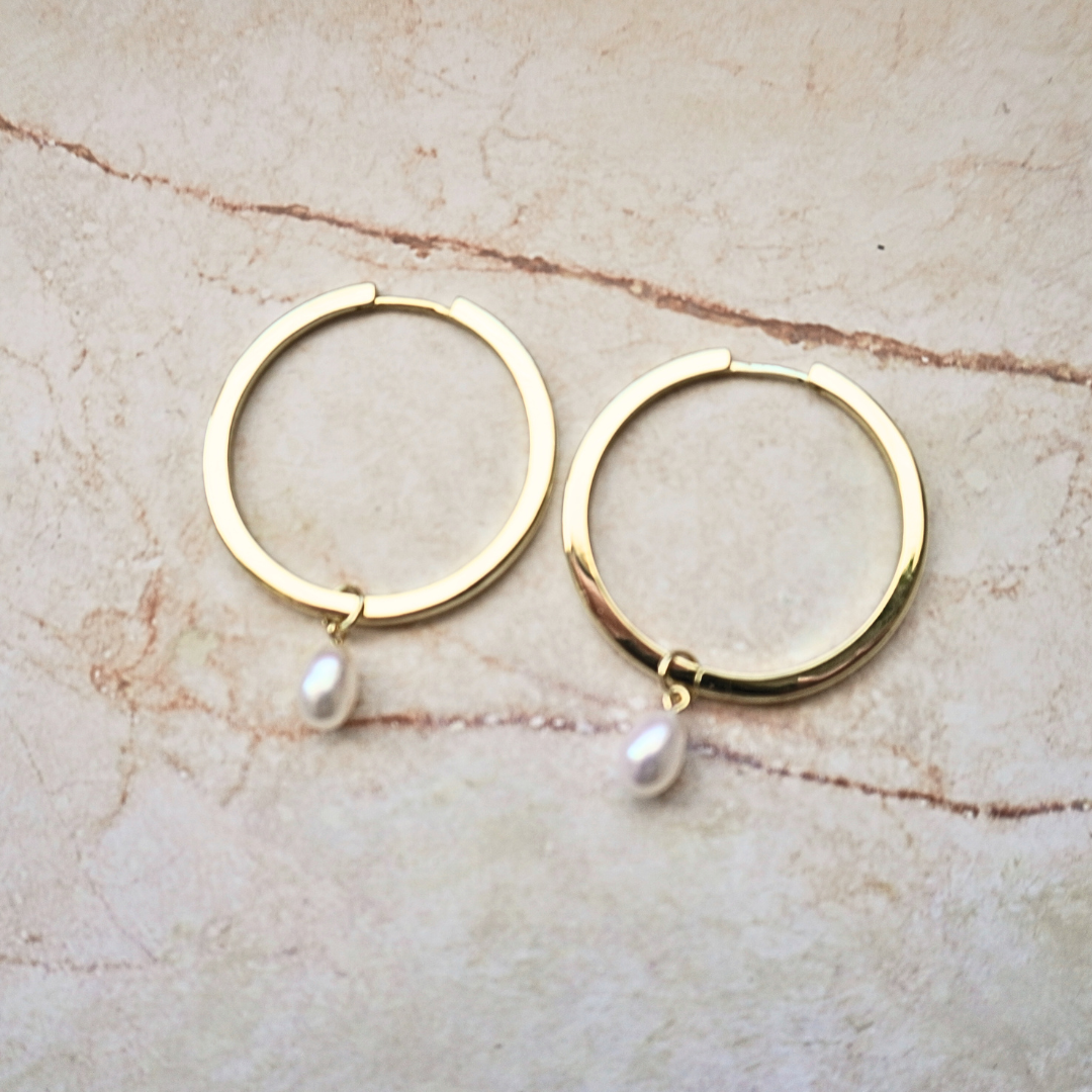 Waikiki Large Gold hoops with pearl charm pendant flat lay. waterproof Kailumea