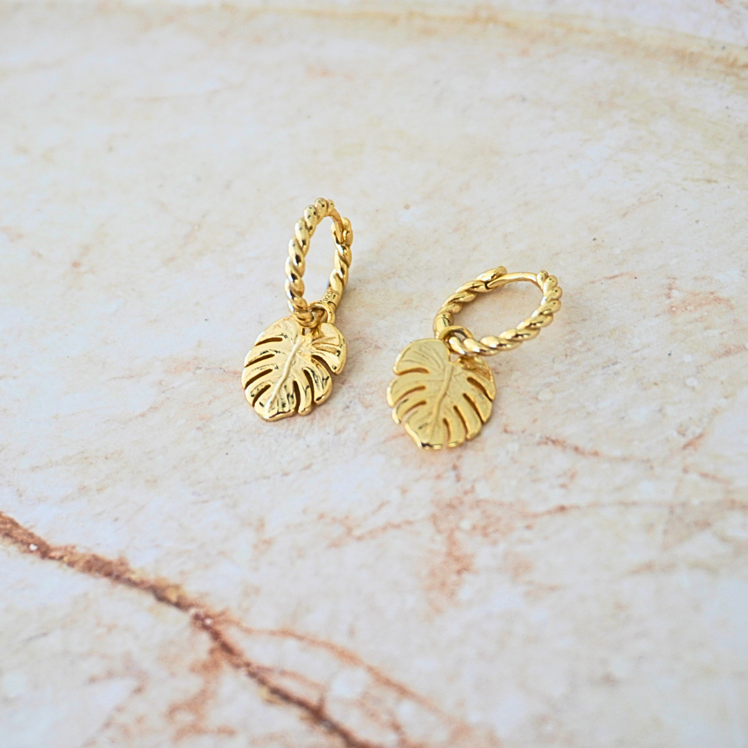 Mahina Monstera Leaf Gold Pendant Hoop Earring