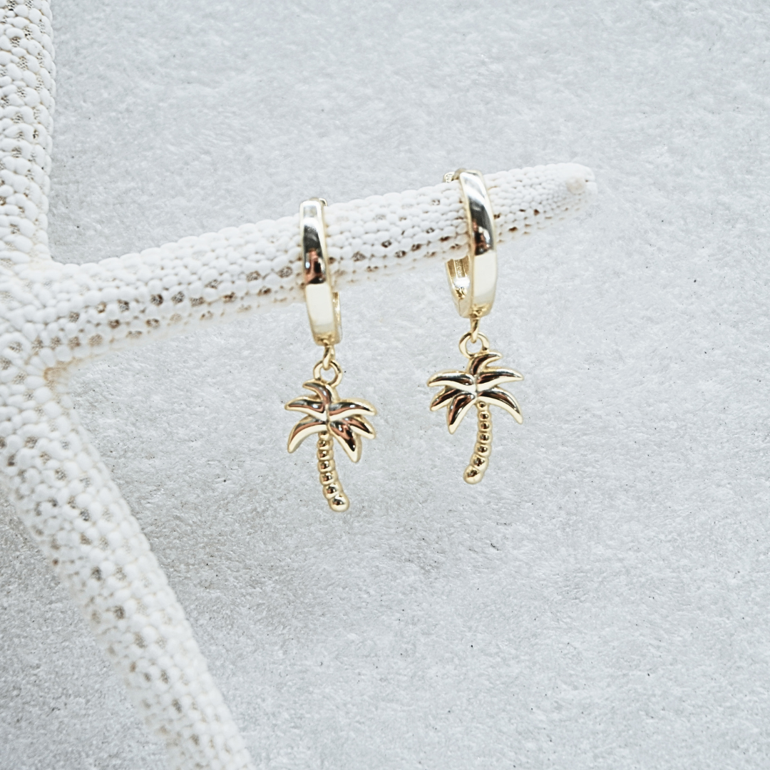 palm tree earrings flat lay - waterproof gold Kailumea
