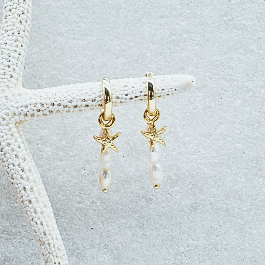 Selene Starfish Pearl String hoop earrings flat lay waterproof Kailumea