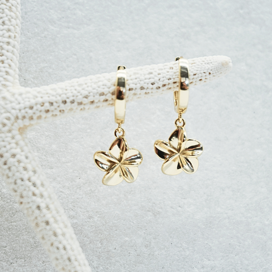 Tahiti Frangipani pendant hoop earrings flat lay- waterproof gold Kailumea