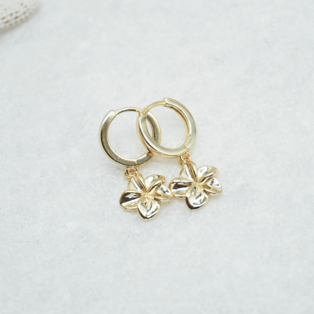 Tahiti Frangipani pendant hoop earrings flat lay- waterproof gold Kailumea