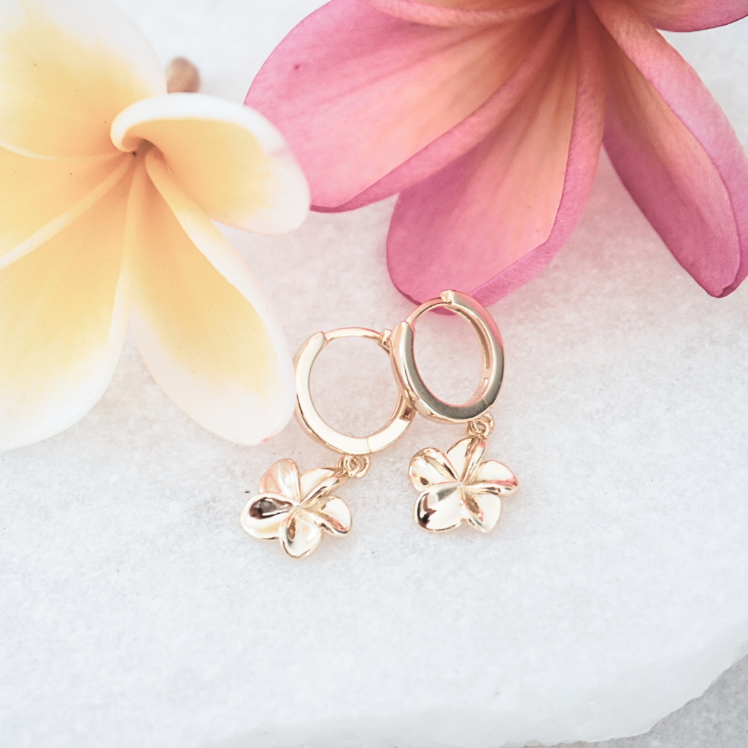 Tahiti Frangipani pendant hoop earrings flat lay- waterproof gold Kailumea