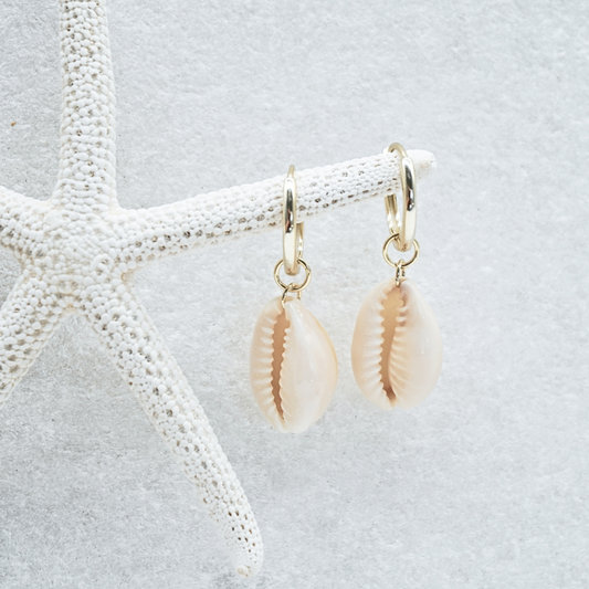 Tehani natural cowrie shell earrings flat lay- waterproof gold Kailumea